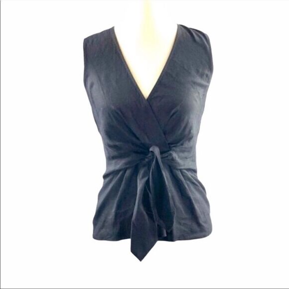 THEORY Linen Kenta Sleeveless Tank Top Blouse Tie Front Faux Wrap Black XS - Picture 1 of 5